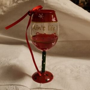 Festive Wine Glass Ornament with Red Ribbon